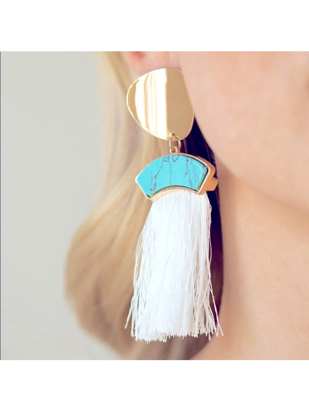 New! Insta Inca Gold & Turquoise Blue Post Tassel Drop Earrings White Tassel